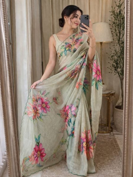 Accessible Pista Linen Silk Saree with Digital Print and Khatli Work Printed Cotton Sarees Wholesale