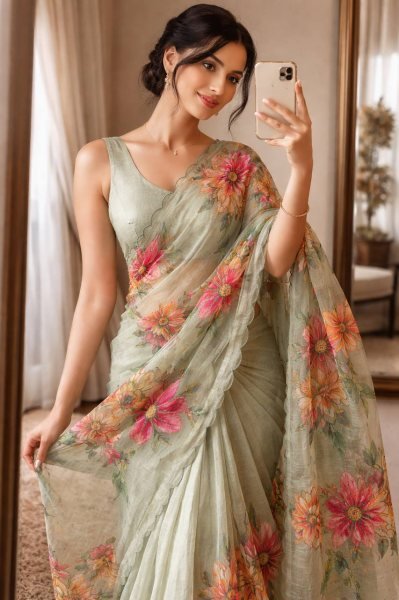 Accessible Pista Linen Silk Saree with Digital Print and Khatli Work Printed Cotton Sarees Wholesale