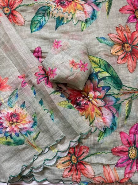Accessible Pista Linen Silk Saree with Digital Print and Khatli Work Printed Cotton Sarees Wholesale