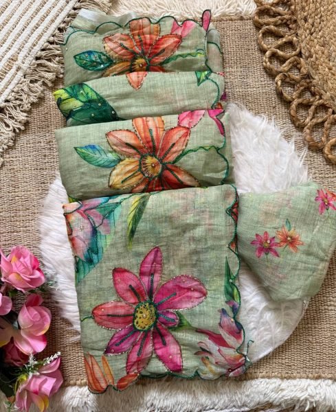 Accessible Pista Linen Silk Saree with Digital Print and Khatli Work Printed Cotton Sarees Wholesale
