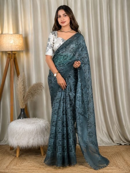 Accessible Rama Organza Saree with Printed Design and Embroidered Banglori Satin Blouse 