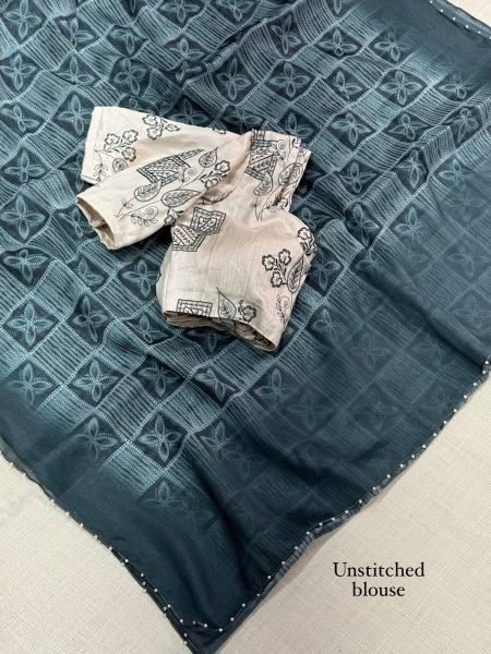 Accessible Rama Organza Saree with Printed Design and Embroidered Banglori Satin Blouse Organza Sarees Wholesale