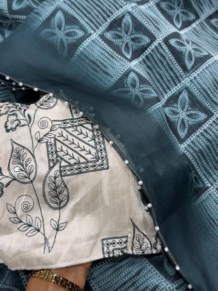 Accessible Rama Organza Saree with Printed Design and Embroidered Banglori Satin Blouse Organza Sarees Wholesale