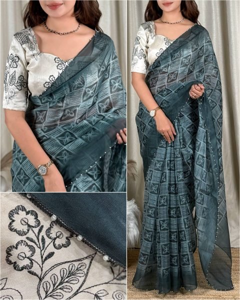 Accessible Rama Organza Saree with Printed Design and Embroidered Banglori Satin Blouse Organza Sarees Wholesale