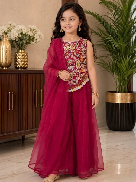 Accessible Rani Pink Kids Twill Net Sharara Set with Embroidered Kurta and Dupatta 