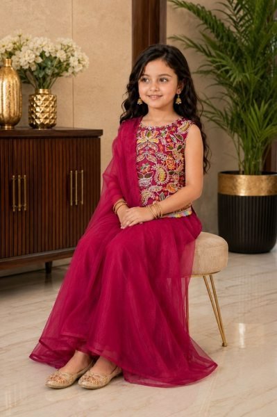 Accessible Rani Pink Kids Twill Net Sharara Set with Embroidered Kurta and Dupatta Girls Wear