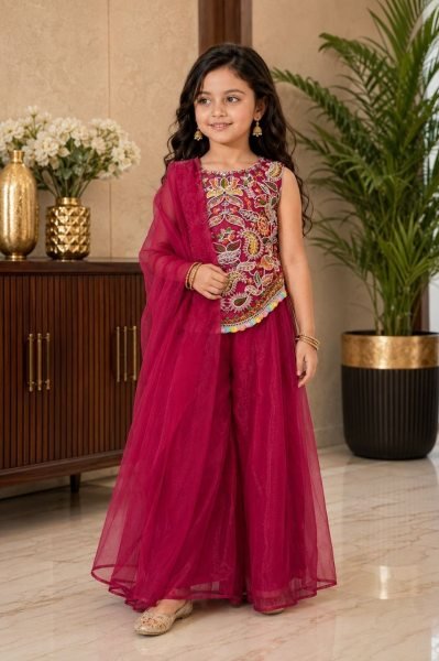 Accessible Rani Pink Kids Twill Net Sharara Set with Embroidered Kurta and Dupatta Girls Wear