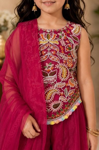 Accessible Rani Pink Kids Twill Net Sharara Set with Embroidered Kurta and Dupatta Girls Wear