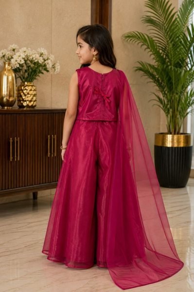 Accessible Rani Pink Kids Twill Net Sharara Set with Embroidered Kurta and Dupatta Girls Wear