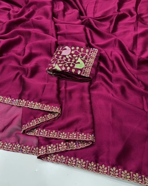 Accessible Rani Pink Party Wear Rangoli Saree with Designer Blouse Embroidery Sarees Wholesale