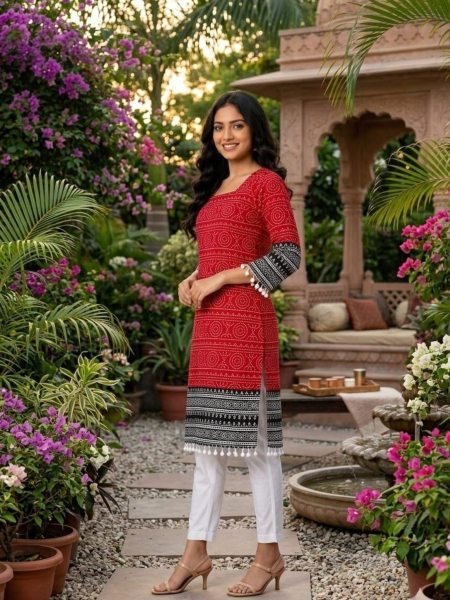 Accessible Red Cotton Kurta Pant Set with Digital Print and Foil Embellishments Kurtis