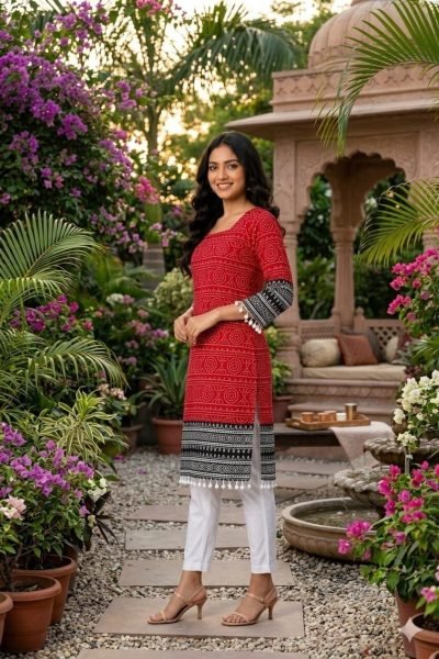Accessible Red Cotton Kurta Pant Set with Digital Print and Foil Embellishments Printed Kurtis