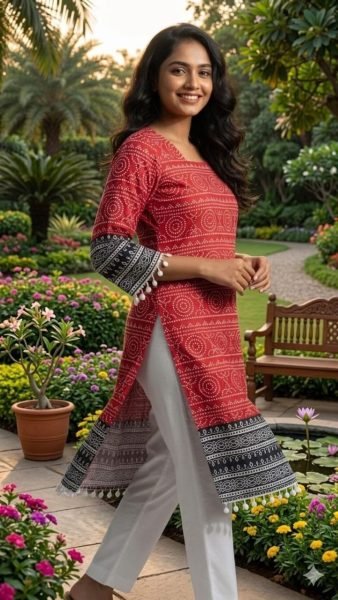 Accessible Red Cotton Kurta Pant Set with Digital Print and Foil Embellishments Printed Kurtis