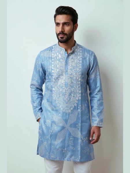 Accessible Sky Blue Traditional Men’s Kurta Pyjama with Printed Designer Kurta at Wholesale Rate 