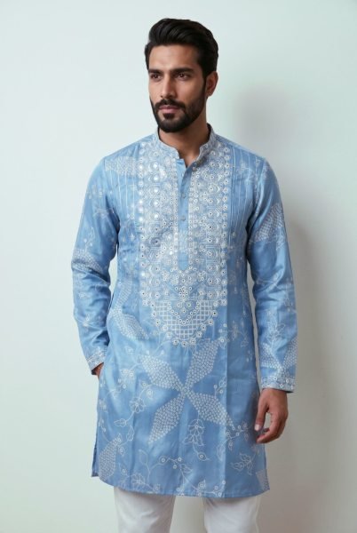 Accessible Sky Blue Traditional Men’s Kurta Pyjama with Printed Designer Kurta at Wholesale Rate Kurta Pajama Wholesale