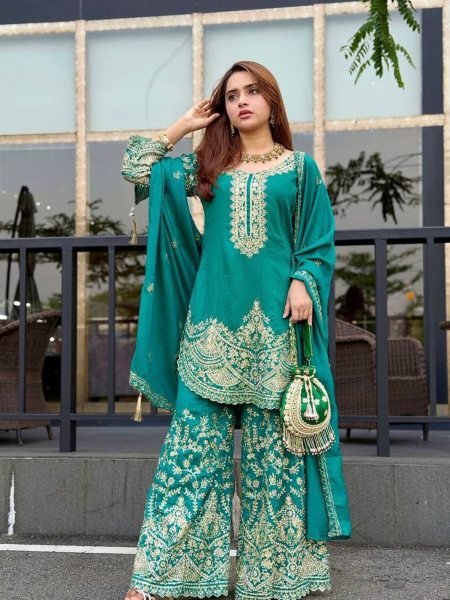 Accessible Teal Blue Chinon Silk Suit Set with Sequins and Dori Embroidery Work Ready To Wear Suit