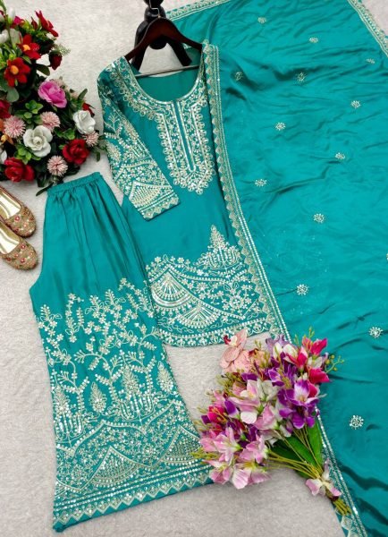 Accessible Teal Blue Chinon Silk Suit Set with Sequins and Dori Embroidery Work Ready To Wear Collection