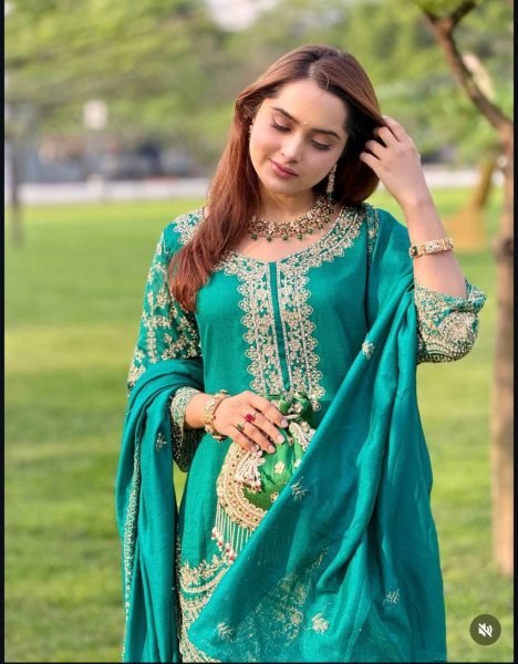 Accessible Teal Blue Chinon Silk Suit Set with Sequins and Dori Embroidery Work Ready To Wear Collection