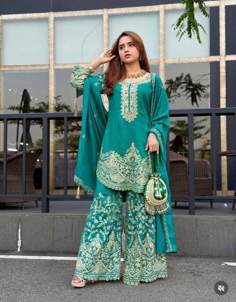 Accessible Teal Blue Chinon Silk Suit Set with Sequins and Dori Embroidery Work Ready To Wear Collection