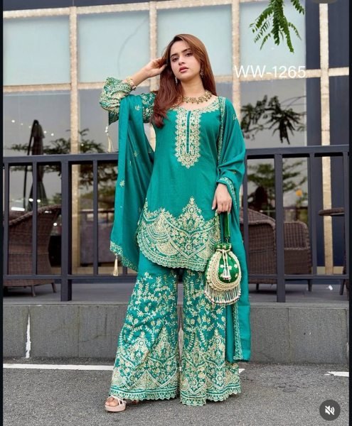 Accessible Teal Blue Chinon Silk Suit Set with Sequins and Dori Embroidery Work Ready To Wear Collection