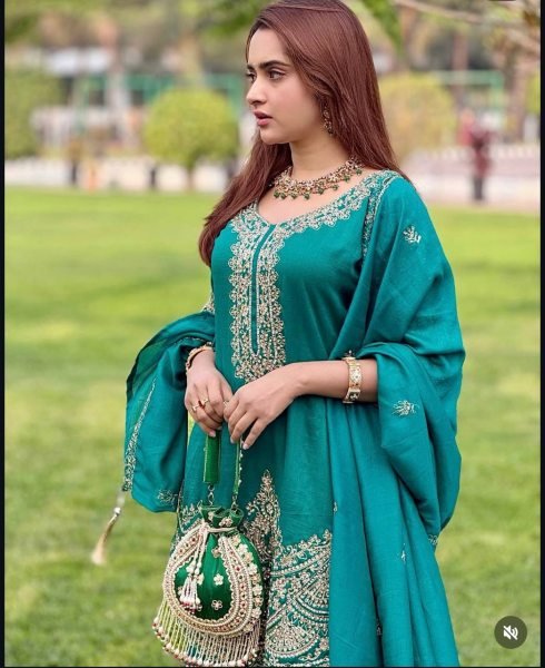 Accessible Teal Blue Chinon Silk Suit Set with Sequins and Dori Embroidery Work Ready To Wear Collection