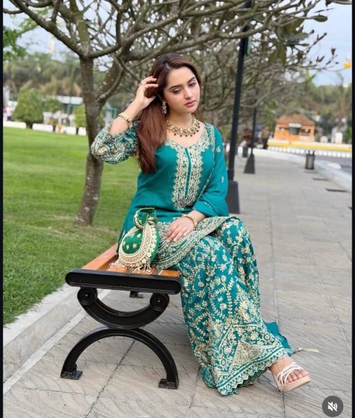 Accessible Teal Blue Chinon Silk Suit Set with Sequins and Dori Embroidery Work Ready To Wear Collection