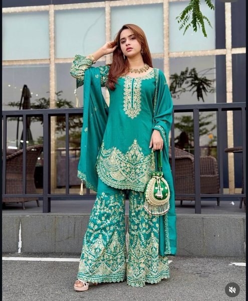 Accessible Teal Blue Chinon Silk Suit Set with Sequins and Dori Embroidery Work Ready To Wear Collection