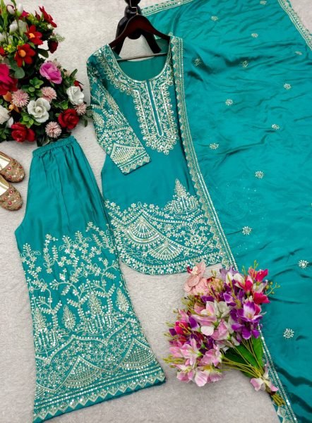 Accessible Teal Blue Chinon Silk Suit Set with Sequins and Dori Embroidery Work Ready To Wear Collection