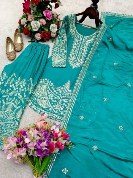 Accessible Teal Blue Chinon Silk Suit Set with Sequins and Dori Embroidery Work Ready To Wear Collection