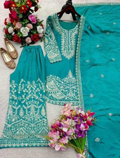 Accessible Teal Blue Chinon Silk Suit Set with Sequins and Dori Embroidery Work Ready To Wear Collection