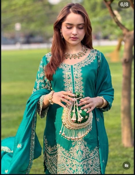 Accessible Teal Blue Chinon Silk Suit Set with Sequins and Dori Embroidery Work Ready To Wear Collection