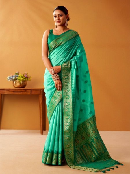 Accessible Turquoise Modal Fancy Cotton Saree with Woven Pochampally Border 