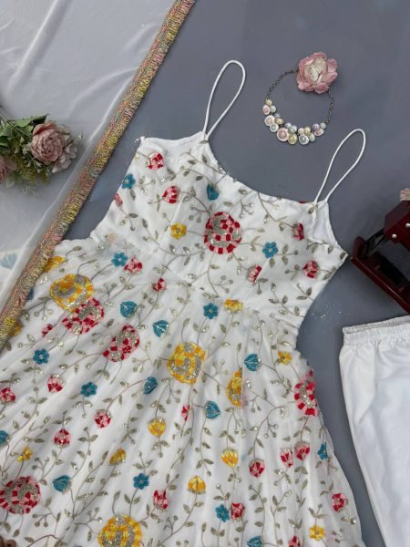 Accessible White Anarkali Suit Set with Fancy Lace Dupatta at Wholesale Rate Ready To Wear Collection