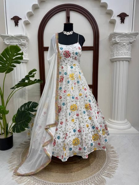 Accessible White Anarkali Suit Set with Fancy Lace Dupatta at Wholesale Rate Ready To Wear Collection