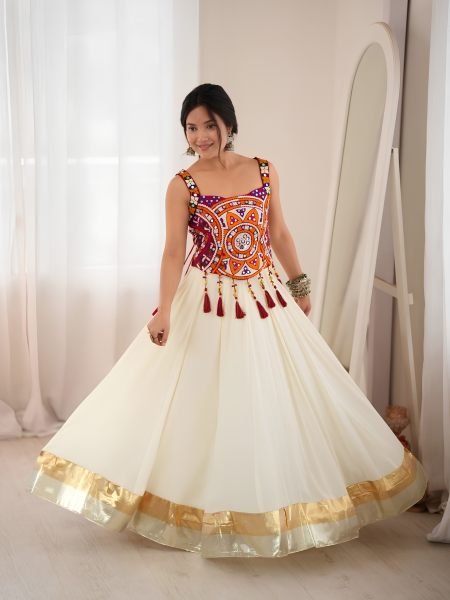 Accessible White Designer Heavy Rayon Lehenga with Lagdi Patta Lace Work For Navratri  Lehenga
