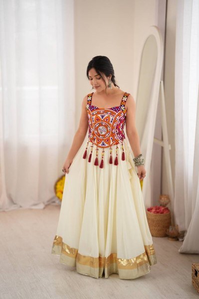 Accessible White Designer Heavy Rayon Lehenga with Lagdi Patta Lace Work For Navratri Navratri Lehnega Choli