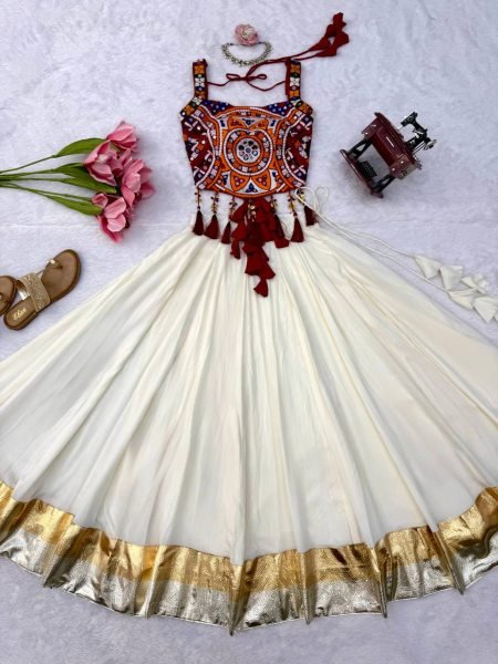 Accessible White Designer Heavy Rayon Lehenga with Lagdi Patta Lace Work For Navratri Navratri Lehnega Choli