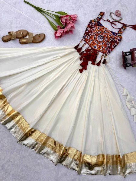 Accessible White Designer Heavy Rayon Lehenga with Lagdi Patta Lace Work For Navratri Navratri Lehnega Choli