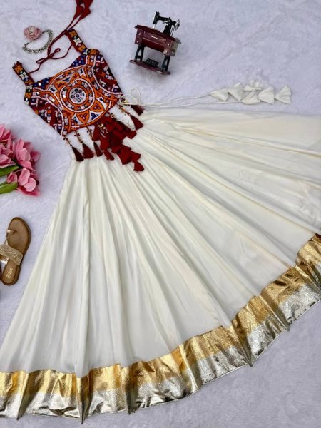 Accessible White Designer Heavy Rayon Lehenga with Lagdi Patta Lace Work For Navratri Navratri Lehnega Choli