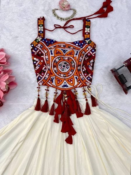 Accessible White Designer Heavy Rayon Lehenga with Lagdi Patta Lace Work For Navratri Navratri Lehnega Choli