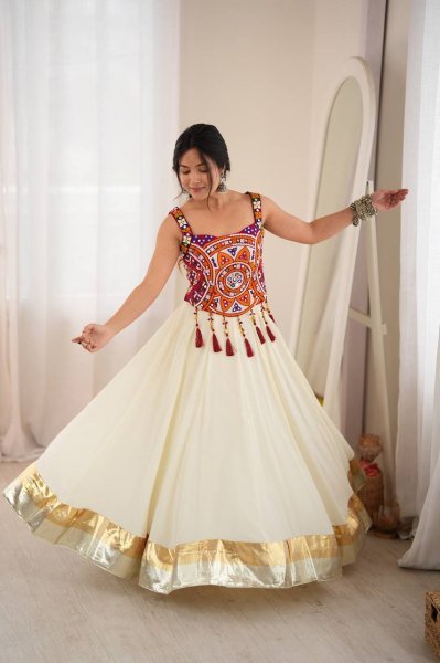 Accessible White Designer Heavy Rayon Lehenga with Lagdi Patta Lace Work For Navratri Navratri Lehnega Choli