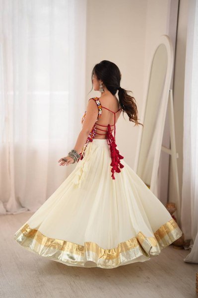 Accessible White Designer Heavy Rayon Lehenga with Lagdi Patta Lace Work For Navratri Navratri Lehnega Choli