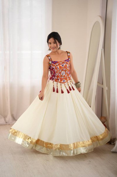 Accessible White Designer Heavy Rayon Lehenga with Lagdi Patta Lace Work For Navratri Navratri Lehnega Choli