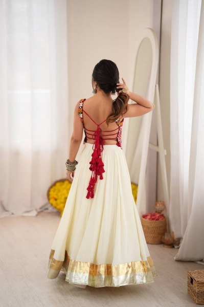 Accessible White Designer Heavy Rayon Lehenga with Lagdi Patta Lace Work For Navratri Navratri Lehnega Choli