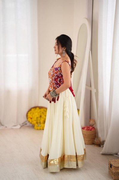 Accessible White Designer Heavy Rayon Lehenga with Lagdi Patta Lace Work For Navratri Navratri Lehnega Choli