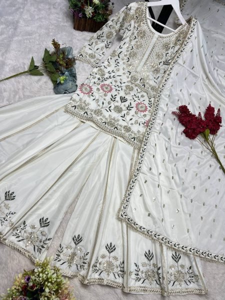Accessible White Ethnic Suit Set with Lace Dupatta for Women Ready To Wear Collection
