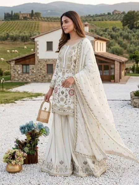 Accessible White Ethnic Suit Set with Lace Dupatta for Women Ready To Wear Collection