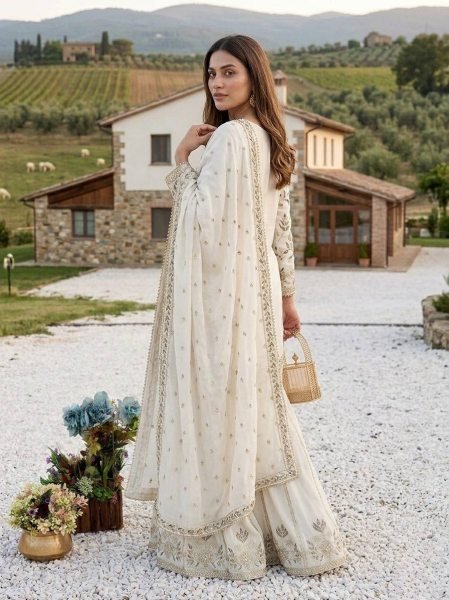 Accessible White Ethnic Suit Set with Lace Dupatta for Women Ready To Wear Collection