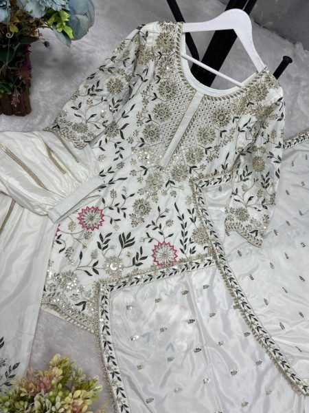 Accessible White Ethnic Suit Set with Lace Dupatta for Women Ready To Wear Collection