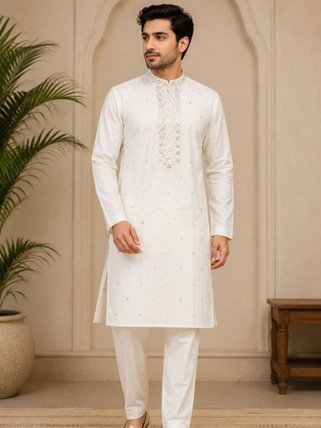 Accessible White Men's Ethnic Kurta Pajama Set with Designer Gala Work 